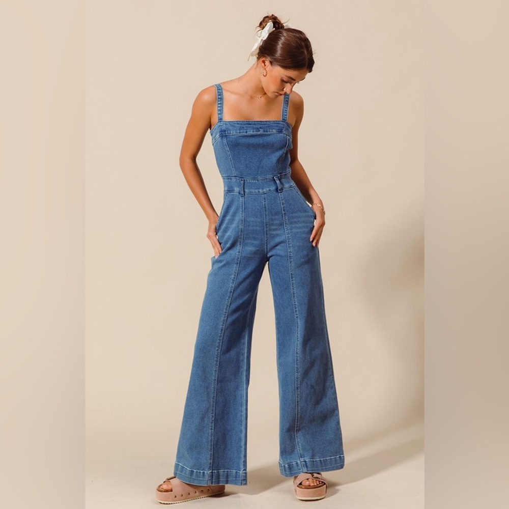 Denim Wide-Leg Jumpsuit - Blue